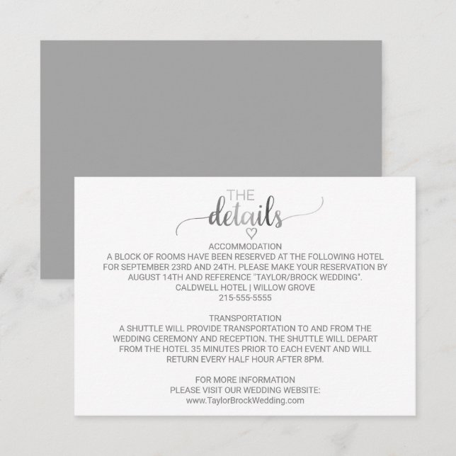 Einfache Silver Foil Calligraphy Details Card Begleitkarte (Vorne/Hinten)