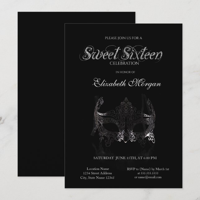 Einfache Silver Masque Schwarz Sweet 16 Einladung (Vorne/Hinten)