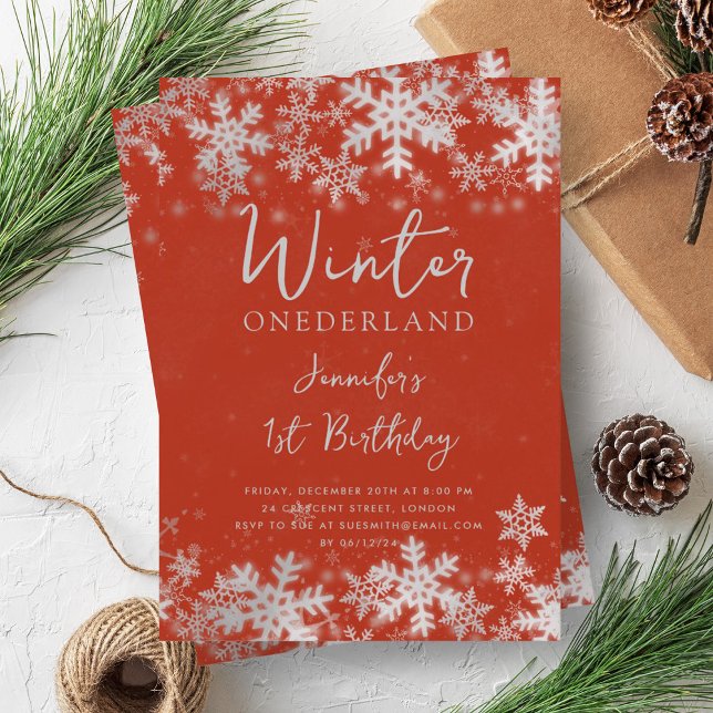 Einfache Silver Red Winter ONEDERLAND 1. Geburtsta Einladung (Simple Silver Red Winter ONEDERLAND 1st Birthday Invitation)