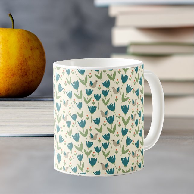 Einfache skandinavische Blume und Vogelmuster Kaffeetasse (Von Creator hochgeladen)
