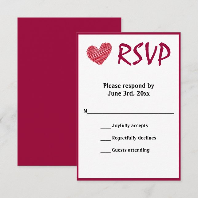 Einfache Sketchy Red Heart Wedding RSVP Karte (Vorne/Hinten)