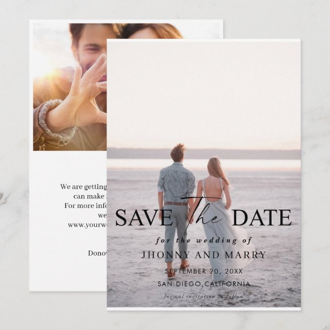 Einfache Skript-Foto-Hochzeit speichern Sie die Da Einladung (Vorne/Hinten)
