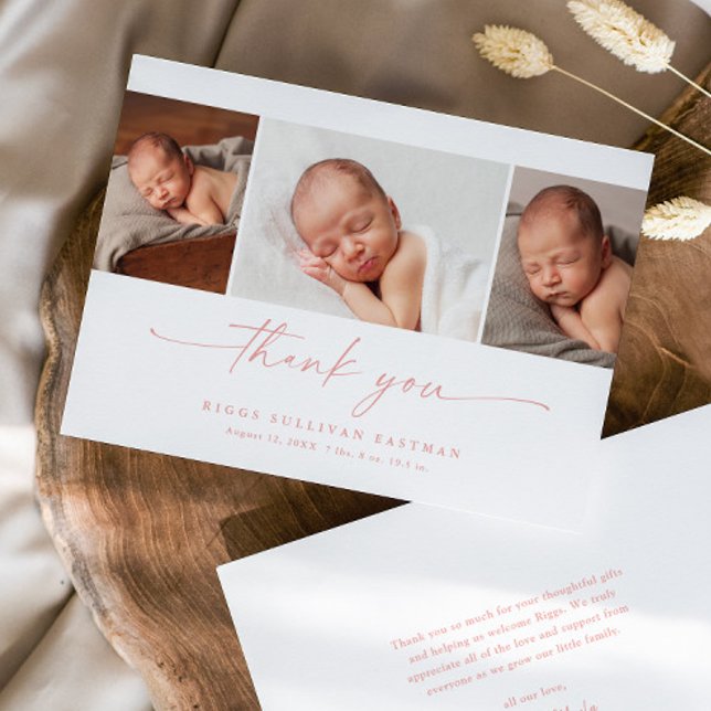 Einfache Skript-Fotocollage Baby Dankeskarte (Elegant modern script 3 photo collage baby thank you announcement card.)