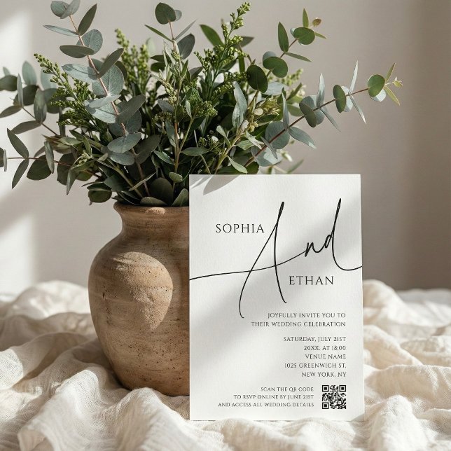 Einfache Skript-Typografie QR-Code Weiße Hochzeit Einladung (Von Creator hochgeladen)