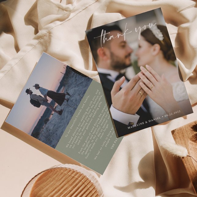 Einfache Skriptsprache Grün mit Foto Hochzeit Dankeskarte (Von Creator hochgeladen)