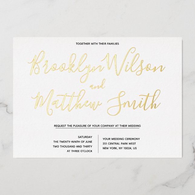 Einfache SkriptWedding Real Gold Folieneinladung (Vorderseite)