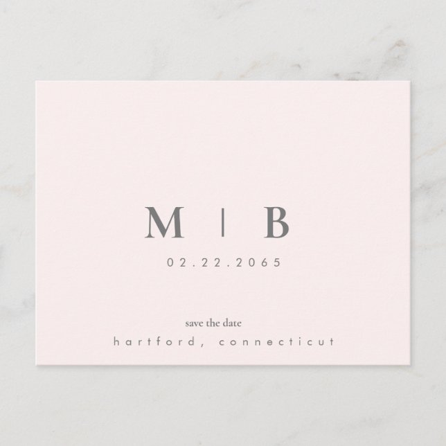 Einfache Sleek Monogram Blush Wedding Save the Dat Ankündigungspostkarte (Vorderseite)