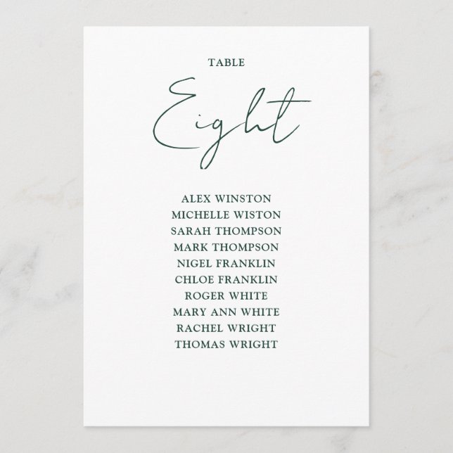 Einfache Smaragdgrüne Sitzkarte Tischnummer (Vorderseite)