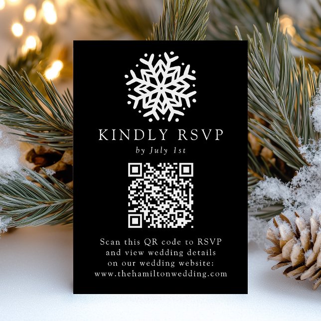 Einfache Snowflake Black QR Code Hochzeit RSVP Karte (Von Creator hochgeladen)