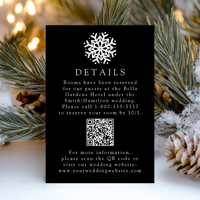Einfache Snowflake Black Wedding Details QR Code Begleitkarte (Von Creator hochgeladen)