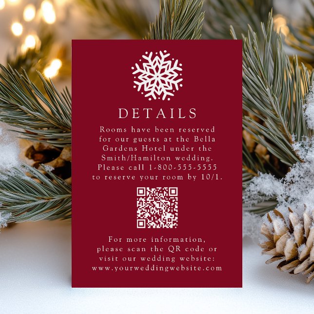 Einfache Snowflake Burgund Wedding Details QR Code Begleitkarte (Von Creator hochgeladen)