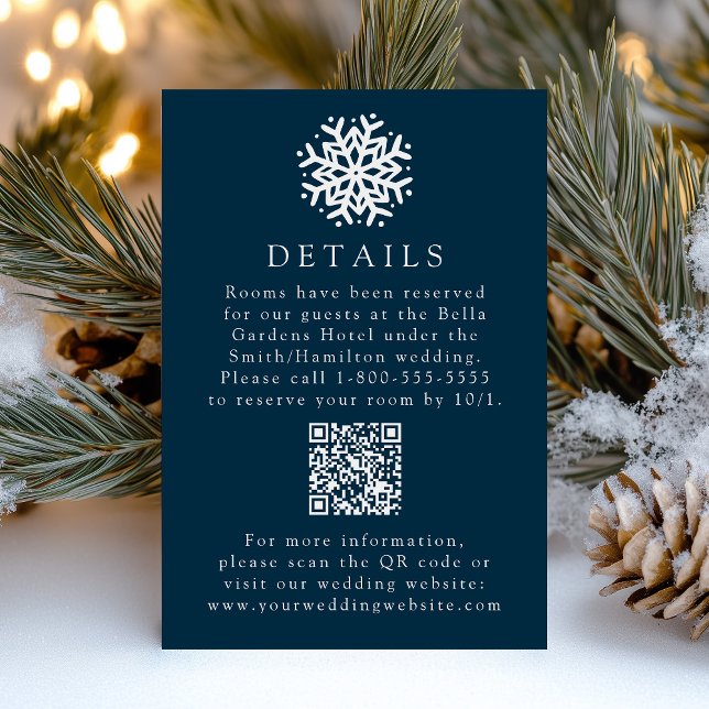 Einfache Snowflake Navy Hochzeitdetails QR-Code Begleitkarte (Von Creator hochgeladen)