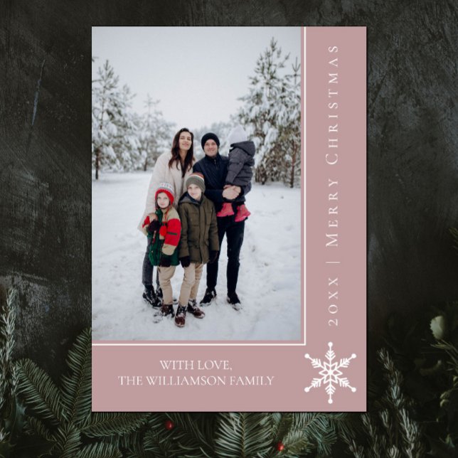 Einfache Snowflake Weihnachts-Fotokarte | Rosa Feiertagskarte (Pink Simple Snowflake Christmas Photo Card)