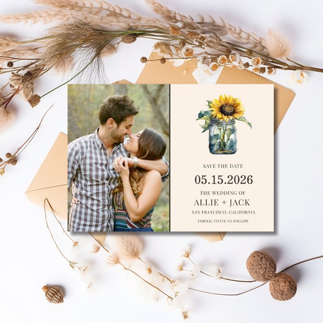 Einfache Sonnenblume Rustikales Hochzeitssemble Fo Save The Date (Simple Sunflower Rustic Wedding Photo Save The Date)