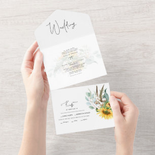 Einfache Sonnenblumen-Eukalyptus-Hochzeit All In One Einladung