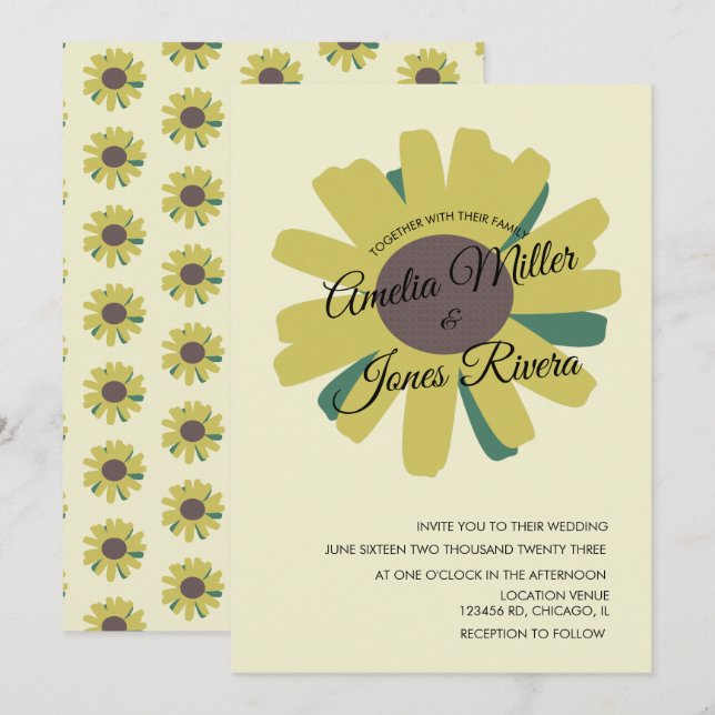 Einfache Sonnenblumen-Script-Grün Gelbe Hochzeit i Einladung (Vorne/Hinten)