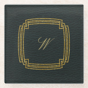 Einfache Square-Monogramm auf dunklem Leder Glasuntersetzer