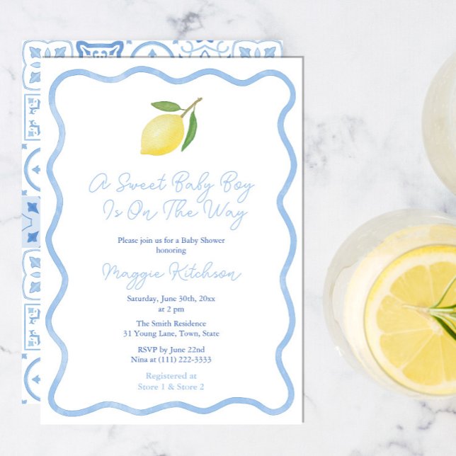 Einfache Squiggle Border Lemon Sweet Baby Boy Dusc Einladung (Blue And White wavy border baby shower invitation with lemon to welcome a sweet baby boy. )