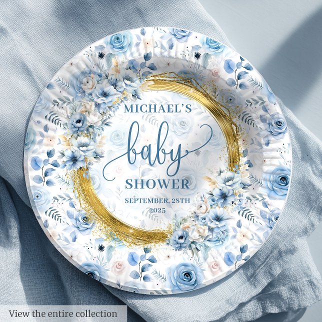 Einfache staubblaue Blumen goldfarbenes Boho Aquar Pappteller (Simple dusty blue flowers gold boho watercolor Paper Plates )