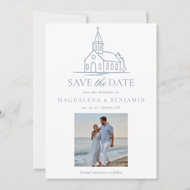 Einfache staubblaue christliche Kapelle Kirche Fot Save The Date (Vorderseite)