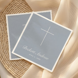 Einfache staubblaue Kreuz-Schrift-Taufe Serviette