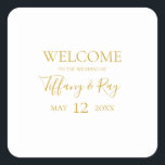 Einfache Stickerei auf dem Gold Wedding Welcome Sq Quadratischer Aufkleber<br><div class="desc">Dieses schlichte,  elegante,  goldene Begrüßungsschreiben ist perfekt für Ihre moderne,  minimalistisch-weiß-goldene Hochzeit. Das Design besticht durch minimalen zeitgenössischen Gold-Schriftart,  begleitet von formaler Kalligraphie. Behalt es so,  wie es ist,  oder wählen Sie es mit Ihren eigenen Kunstwerken oder Fotos zu personalisieren!</div>