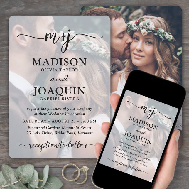 Einfache Stilftige Skriptinitialen 2 Foto Hochzeit Einladung (Von Creator hochgeladen)