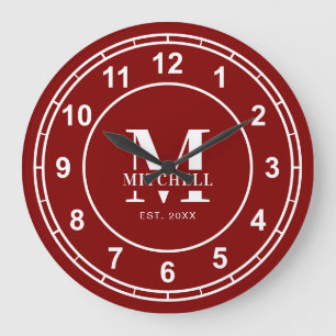 Einfache, stilvolle Maroon Monogram Custom Family Große Wanduhr