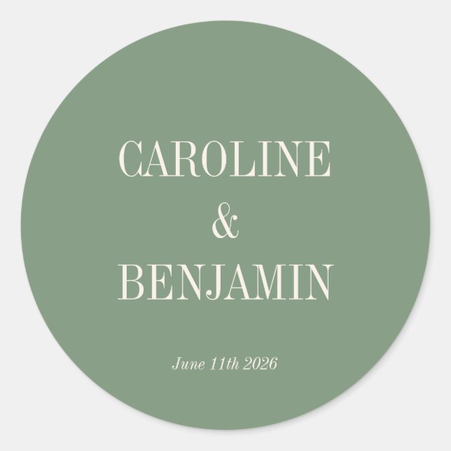 Einfache, stilvolle Typografie Elegant Green Weddi Runder Aufkleber (Vorderseite)
