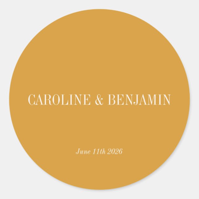 Einfache, stilvolle Typografie Elegant Ochre Weddi Runder Aufkleber (Vorderseite)