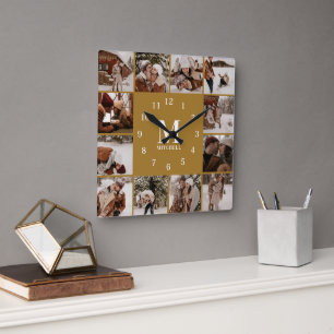Einfache stilvolle Vintage-Gold-Fotocollage Quadratische Wanduhr