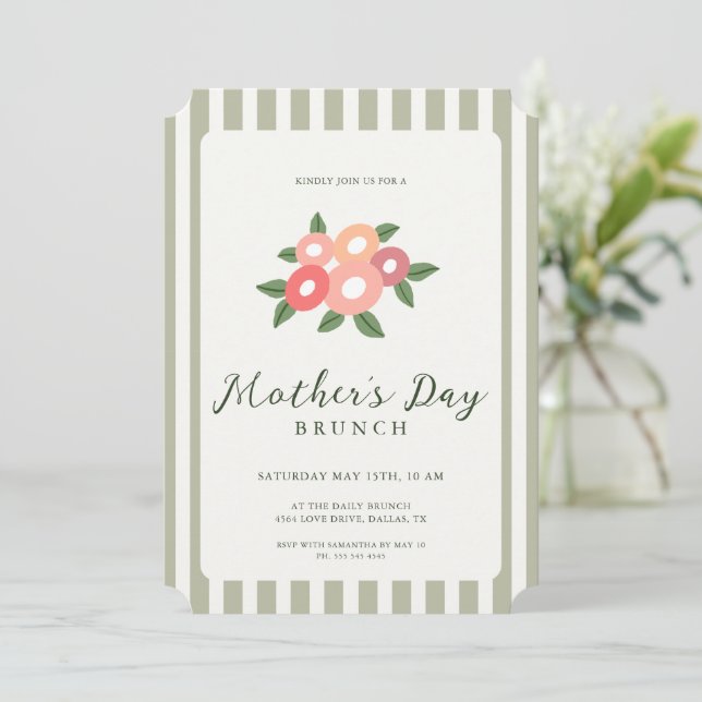 Einfache Streifen Blumen Muttertags-Brunch Einladung (Stehend Vorderseite)