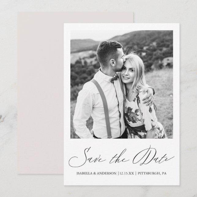 Einfache Taupe Calligraphy Foto Wedding Save The Date (Vorne/Hinten)