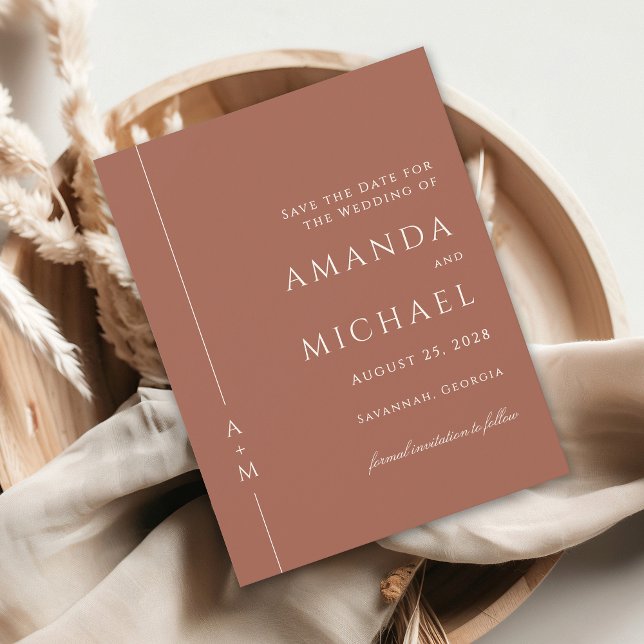 Einfache Terracotta Classic Monogram Save the Date (Von Creator hochgeladen)