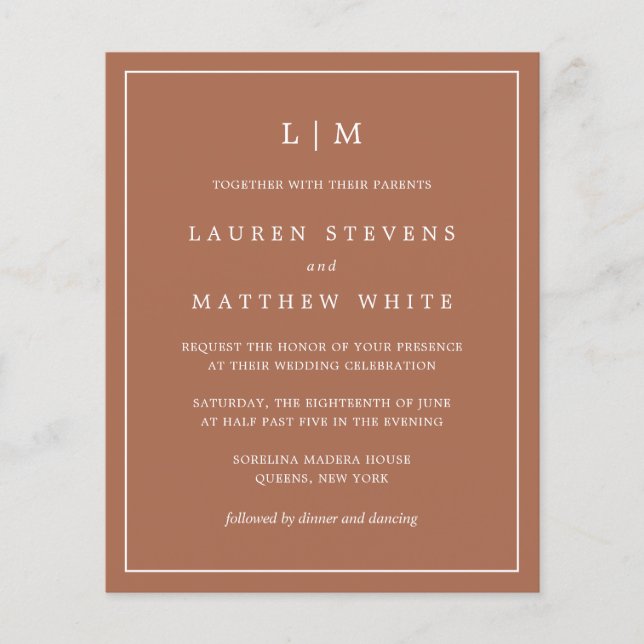 Einfache Terracotta Monogram Hochzeit Einladung (Vorderseite)