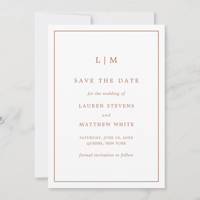 Einfache Terracotta Monogram Hochzeit Save The Date (Vorderseite)