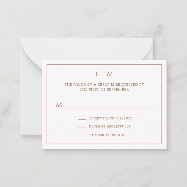 Einfache Terracotta Monogram Mini Wedding RSVP Mitteilungskarte (Vorderseite)
