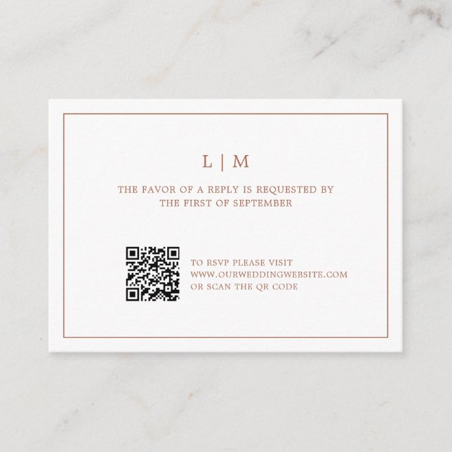 Einfache Terracotta Monogram QR Code Wedding RSVP Mitteilungskarte (Vorderseite)