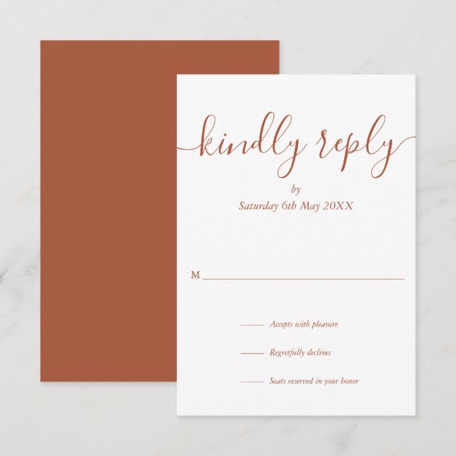 Einfache Terracotta-Script-Antwort auf Hochzeit RSVP Karte (Vorne/Hinten)