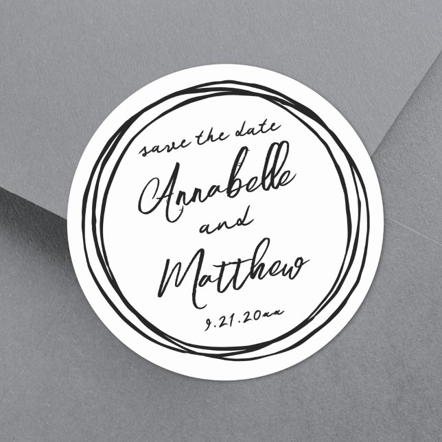 Einfache trendy Schwarz-weiße Namen Save the Date Runder Aufkleber (Simple Trendy Black White Names Save The Date Classic Round Sticker)