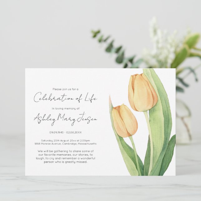 Einfache Tulpen-Feier-des-Lebens-Beerdigung Einladung (Stehend Vorderseite)