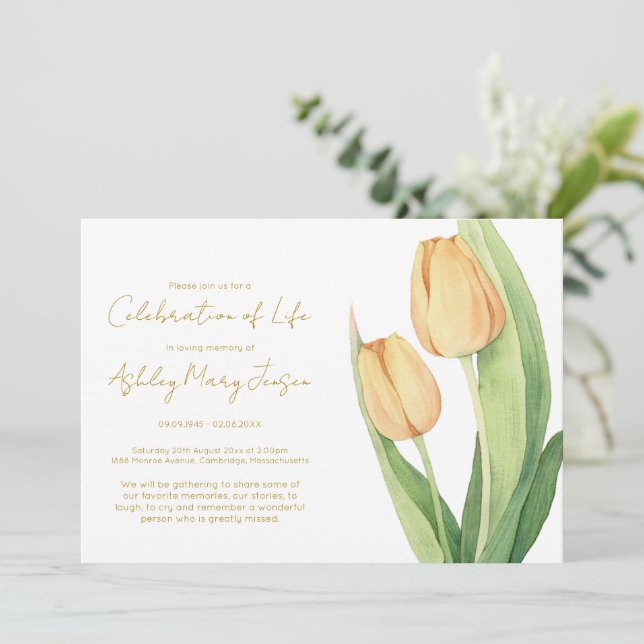 Einfache Tulpen-Feier des Lebens Bestattung Einladung (Stehend Vorderseite)