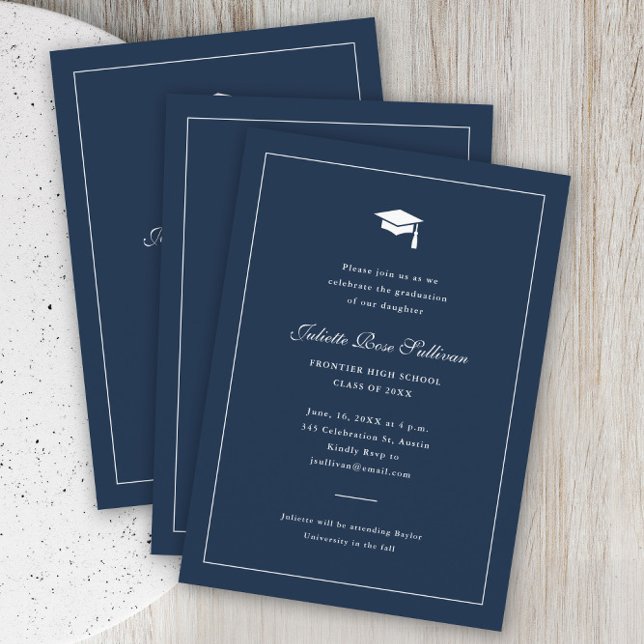Einfache Typografie-Abschluss Einladung (Elegant navy blue simple type graduation party invitation.)