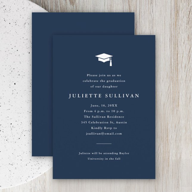 Einfache Typografie-Abschluss-Einschließkarte Begleitkarte (Simple typography navy blue graduation invitation announcement enclosure card.)