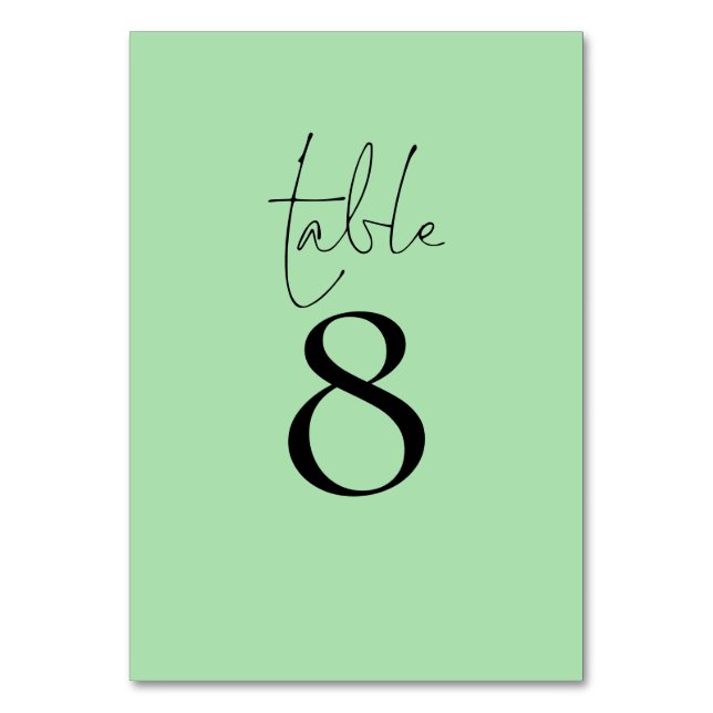 Einfache Typografie Celadon Green Script Wedding Tischnummer (Vorderseite)