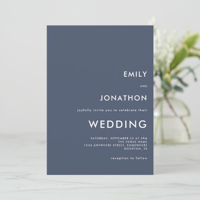 Einfache Typografie Custom Dusty Navy Blue Wedding Einladung (Stehend Vorderseite)