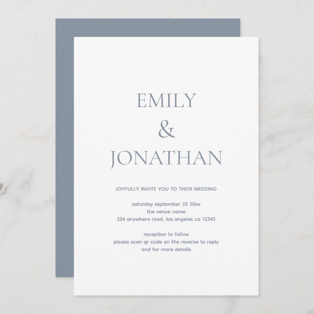 Einfache Typografie Dusty Blue QR Code Hochzeit Einladung (Vorne/Hinten)
