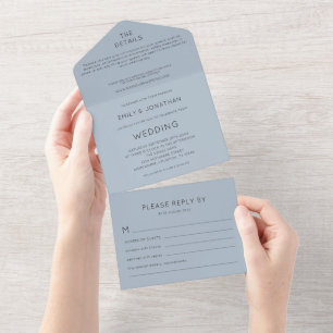 Einfache Typografie Dusty Blue Wedding All In One Einladung