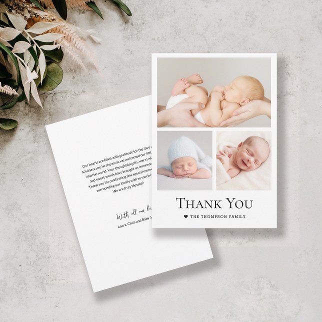 Einfache Typografie Foto Grid Baby Boy Dankeskarte (Simple, chic custom 3 photo grid thank you baby shower card.)