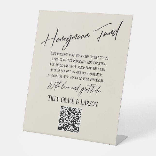 Einfache Typografie Honeymoon Fund QR Code Creme Sockelschild (Vorderseite)